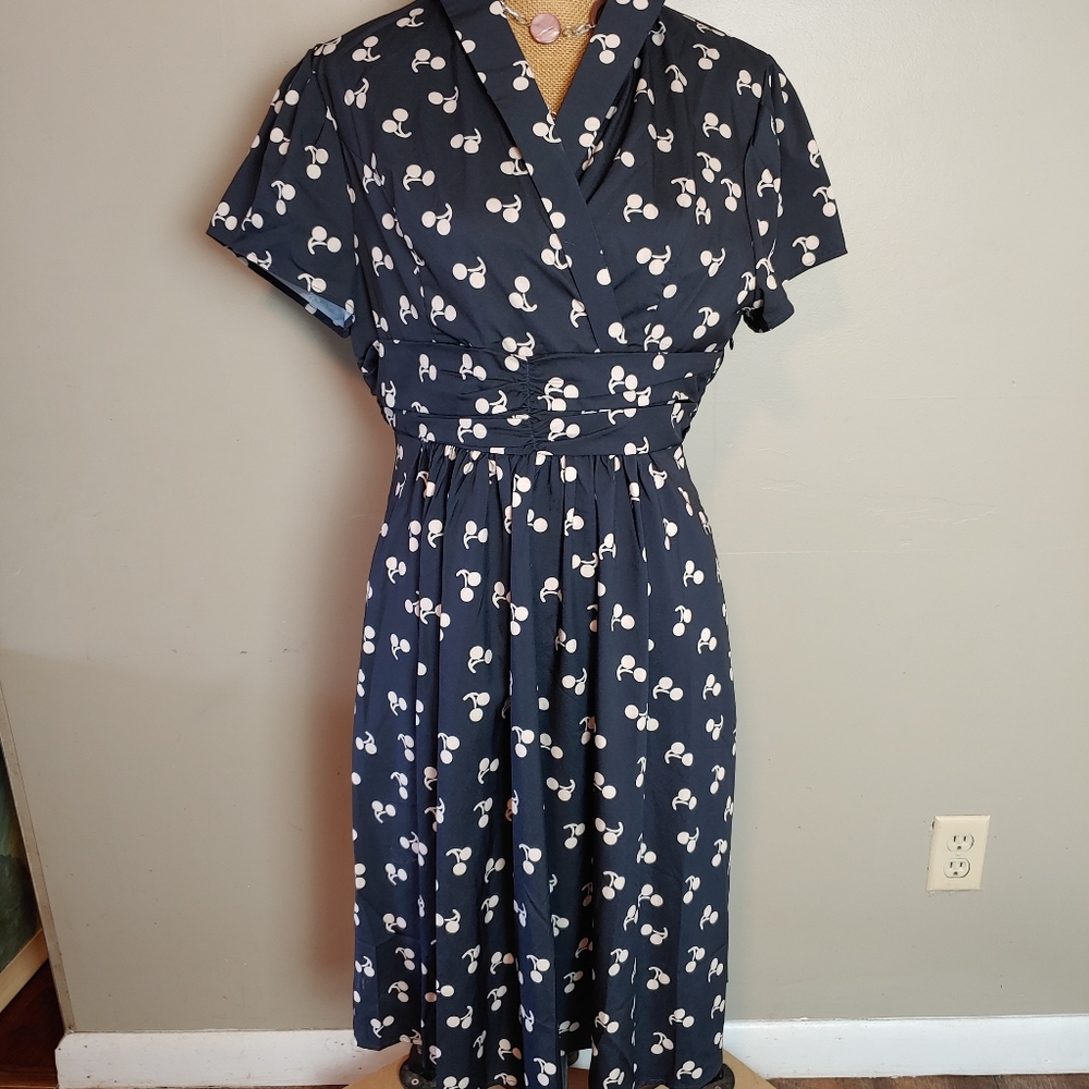 Vienna Summer navy dress w/cherries women's size L - Picture 2 of 11